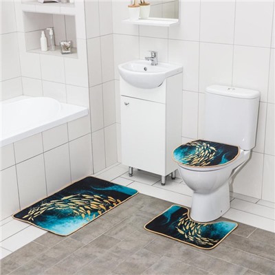 Набор ковриков для ванной и туалета Доляна «Рыбки», 3 шт: 50×80, 50×40, 40×43 см