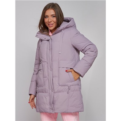 Зимняя женская куртка молодежная с капюшоном розового цвета 586821R