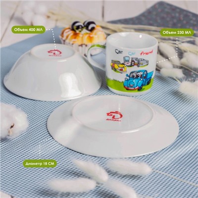Набор детской посуды Доляна «Друзья», 3 предмета: кружка 230 мл, миска 400 мл, тарелка d=18 см