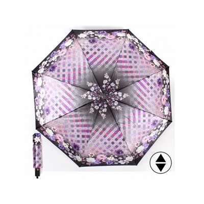 Зонт женский ТриСлона-880/L 3880,  R=55см,  суперавт;  8спиц,  3слож,  фиолет/серый  (клетка и цветы)  234960