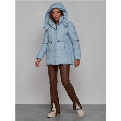 Зимняя женская куртка модная с капюшоном голубого цвета 52302Gl