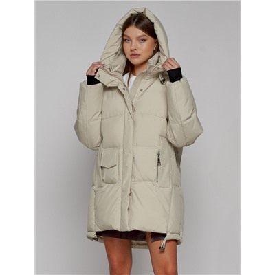 Зимняя женская куртка модная с капюшоном бежевого цвета 51122B
