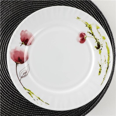 Тарелка обеденная Доляна «Нежные маки», d=25 см, стеклокерамика, цвет белый