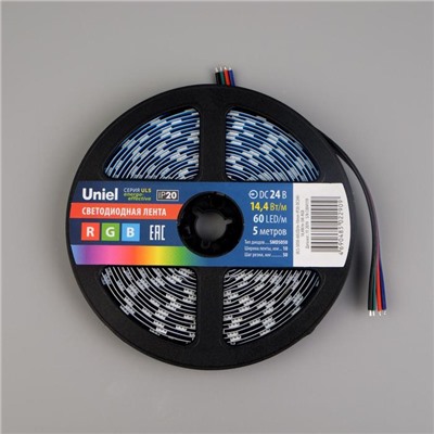 Светодиодная лента Uniel, 24В, SMD5050, 5 м, IP20, 14.4Вт/м, 60 LED/м, RGB