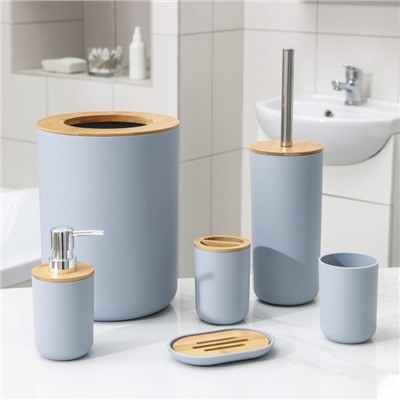 Набор аксессуаров для ванной комнаты SAVANNA «Вуди», 6 предметов (мыльница, дозатор, 2 стакана, ёрш, ведро), цвет серый