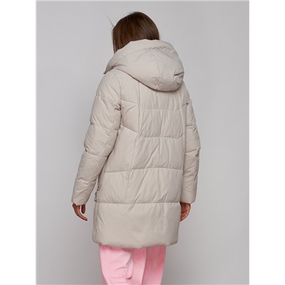 Зимняя женская куртка молодежная с капюшоном бежевого цвета 586821B