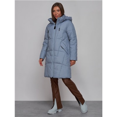 Пальто утепленное молодежное зимнее женское голубого цвета 586826Gl