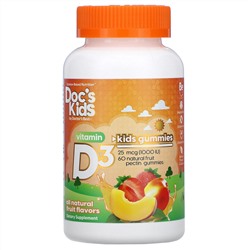 Doctor's Best, Doc's Kids, жевательные таблетки с витамином D3, полностью натуральные фруктовые вкусы, 25 мкг (1000 МЕ), 60 жевательных таблеток с натуральным фруктовым пектином