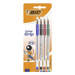 Набор ручек шариковых BIC Cristal Grip, 4 штуки, узел 1.0 мм, среднее письмо, чернила синие, чёрные, красные, зелёные, резиновый упор, прозрачный корпус