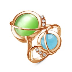 Позолоченное кольцо с камнями "кошачий глаз" голубого и зеленого цвета - 608 - п