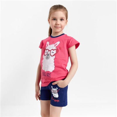 Комплект для девочки (футболка, шорты), цвет розовый/тёмно-синий, рост 122 см
