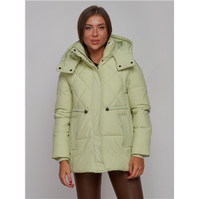 Зимняя женская куртка модная с капюшоном салатового цвета 52302Sl