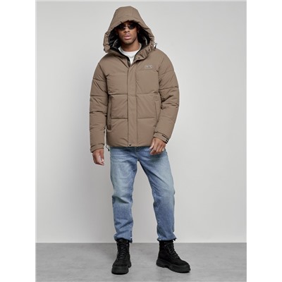 Куртка молодежная мужская зимняя с капюшоном коричневого цвета 8356K