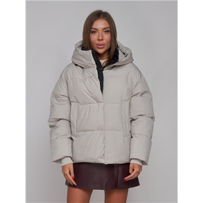 Зимняя женская куртка модная с капюшоном светло-серого цвета 52309SS