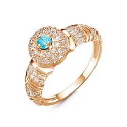 Позолоченное кольцо с фианитом голубого цвета  066 - п