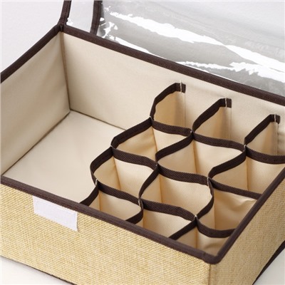 Органайзер для хранения белья с прозрачной крышкой Доляна «Тео», 13 отделений, 32×23×12 см, цвет бежево-коричневый