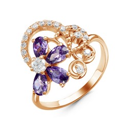 Позолоченное кольцо с фианитами фиолетового цвета  007 - п