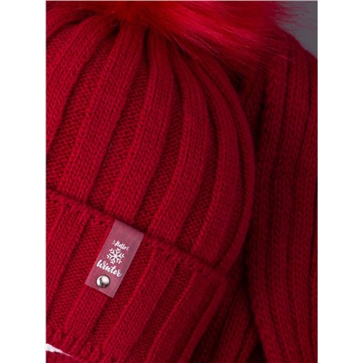 Шапка вязаная детская с помпоном на завязках, лапша, HELLO WINTER + шарф, красный