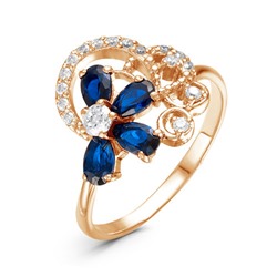 Позолоченное кольцо с фианитами синего цвета  007 - п