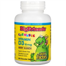 Natural Factors, Big Friends, жевательный витамин D3, ягодный вкус, 10 мкг, 250 жевательных таблеток