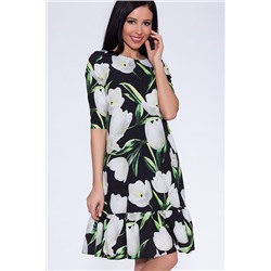 Платье 291 "Креп-шифон", черный фон/белые крупные тюльпаны
