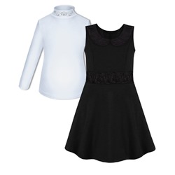 Школьный комплект для девочки с белой водолазкой (блузкой) и черным сарафаном с воротничком