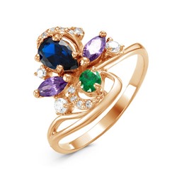 Позолоченное кольцо с фианитами цвета изумруд, аметист и сапфир 029 - п