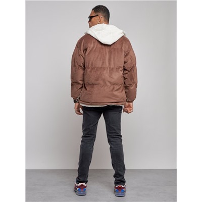 Плюшевая куртка мужская с капюшоном молодежная коричневого цвета 28117K
