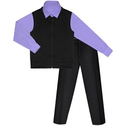 Школьный комплект для мальчика с сиреневой рубашкой, черным жилетом на замке и брюками
