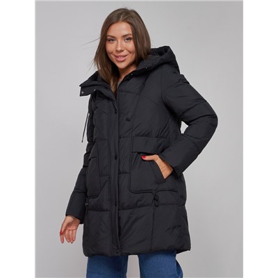 Зимняя женская куртка молодежная с капюшоном черного цвета 586821Ch