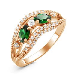 Позолоченное кольцо с фианитами зеленого цвета 041 - п