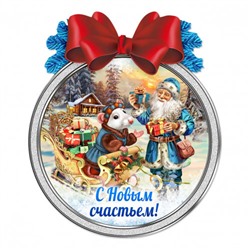 Магнит - ёлочный шар Мышка и Дед Мороз.  С Новым счастьем!
