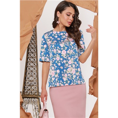 Блузка синяя с розовыми цветами