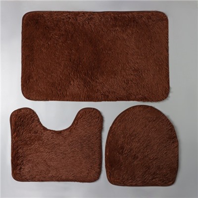 Набор ковриков для ванной и туалета Доляна «Пушистик», 3 шт: 32×40, 40×50, 50×80 см, цвет коричневый