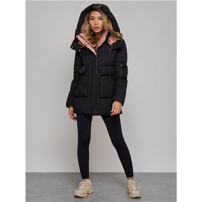 Зимняя женская куртка модная с капюшоном черного цвета 589827Ch