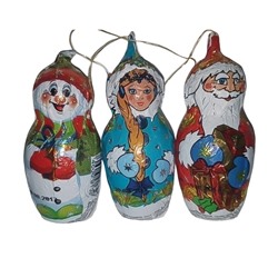 Ассорти 18г: Дед Мороз, Снегурочка, Снеговик на нитке 1кор*6бл*35шт