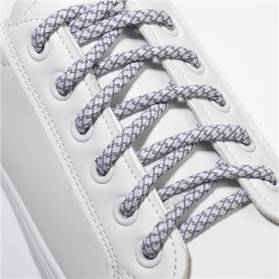Шнурки для обуви, пара, круглые, со светоотражающим узором, d = 6 мм, 120 см, цвет белый/серый