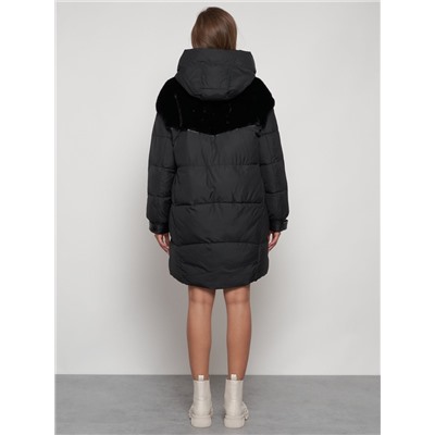 Куртка зимняя женская модная из кроличьего меха черного цвета 133131Ch