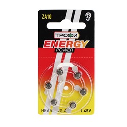 Батарейка цинковая Трофи, ZA10-6BL, для слуховых аппаратов, 1.45В, блистер, 6 шт.